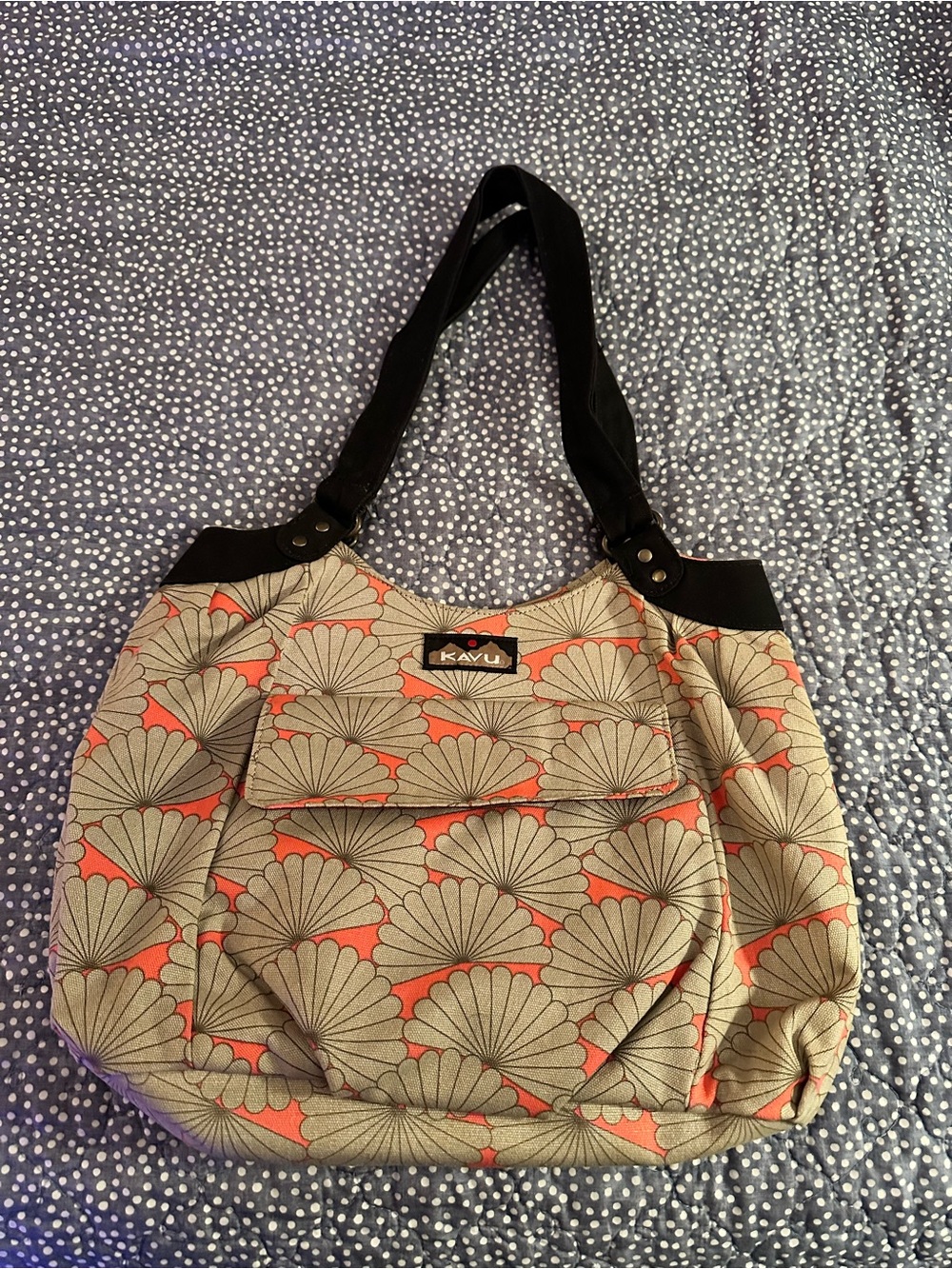KAVU Coral and Beige Patterned Shoulder Tote with Black Straps